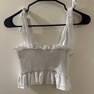 White ruched crop top with adjustable tie shoulder straps